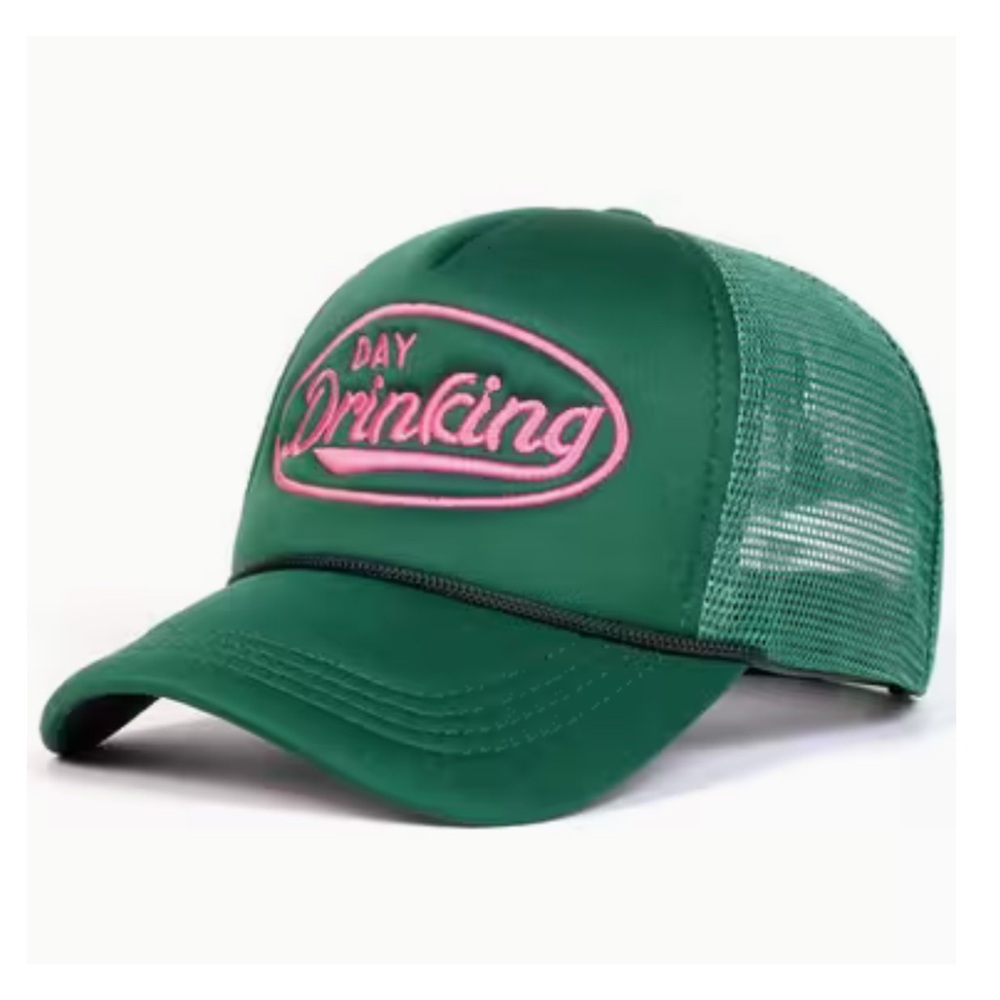 Green Trucker Hat with Pink "Day Drinking" Embroidery